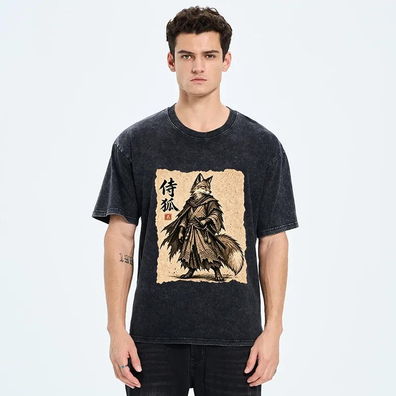 Tokyo-Tiger Vintage Samurai Fox Art Washed T-Shirt