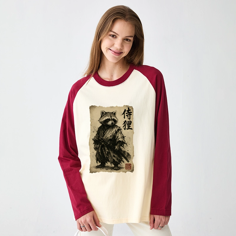Tokyo-Tiger Retro Raccoon Samurai Raglan Long Sleeve T-shirt
