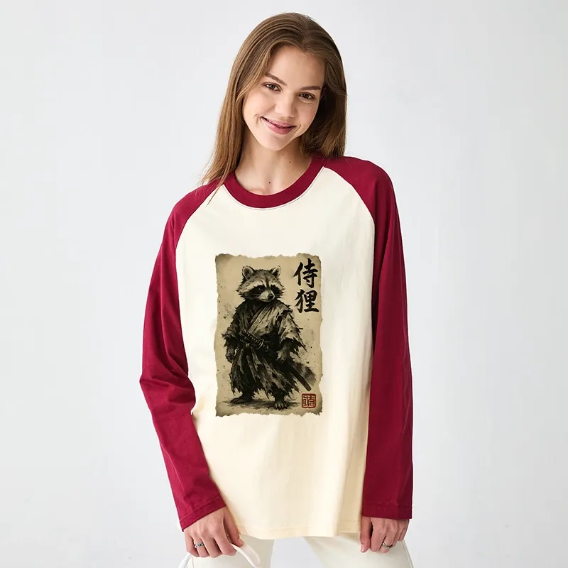 Tokyo-Tiger Retro Raccoon Samurai Raglan Long Sleeve T-shirt