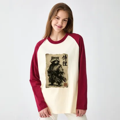 Tokyo-Tiger Retro Raccoon Samurai Raglan Long Sleeve T-shirt