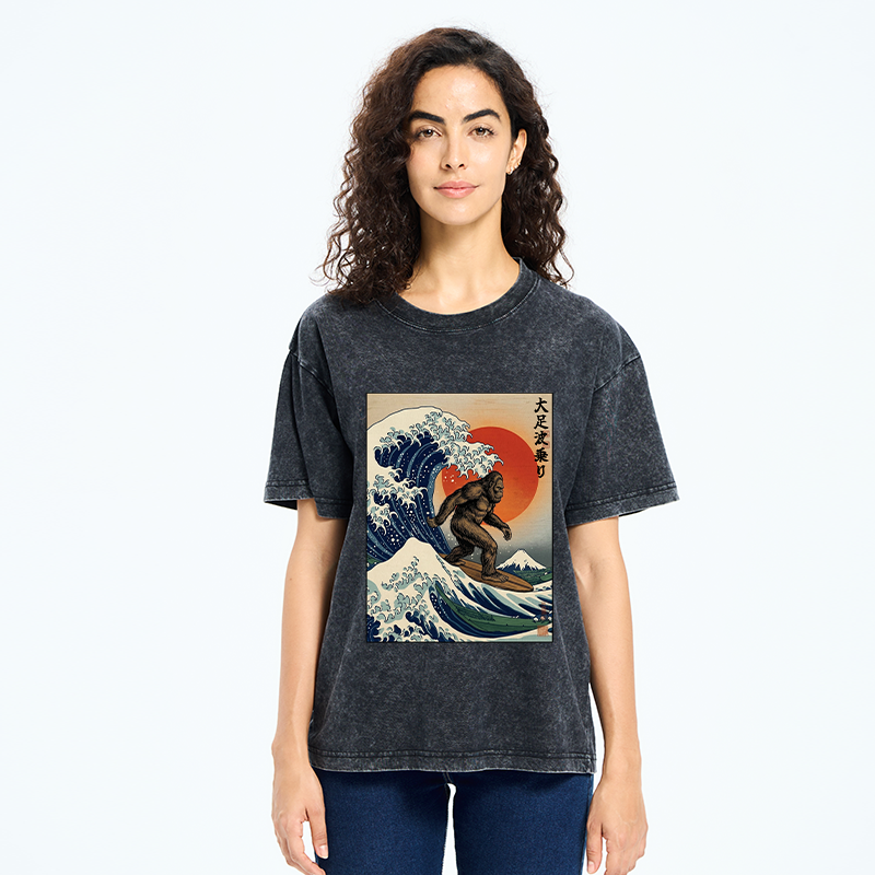 Tokyo-Tiger Monster Surf Wave Ukiyo Art Washed T-Shirt