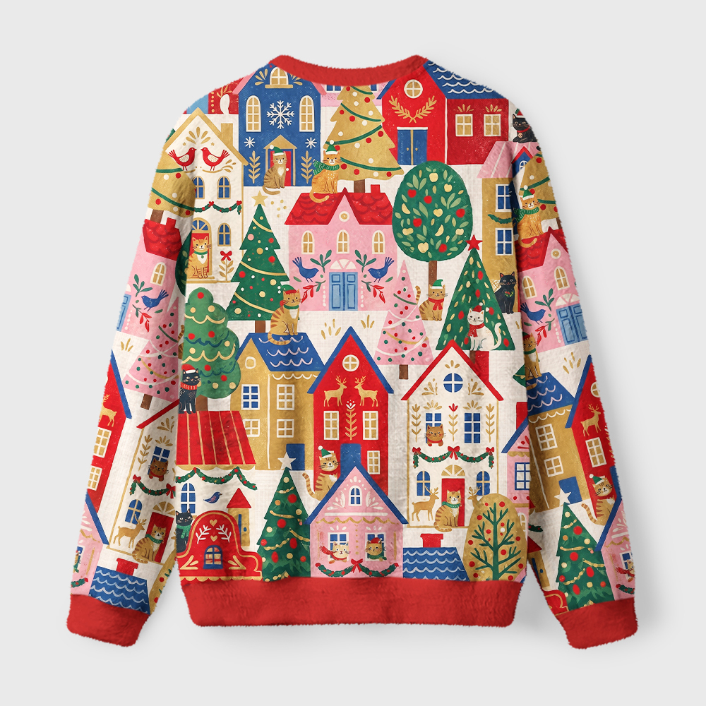 Tokyo-Tiger Christmas Cat Town Fuzzy Christmas Ugly Sweatshirt
