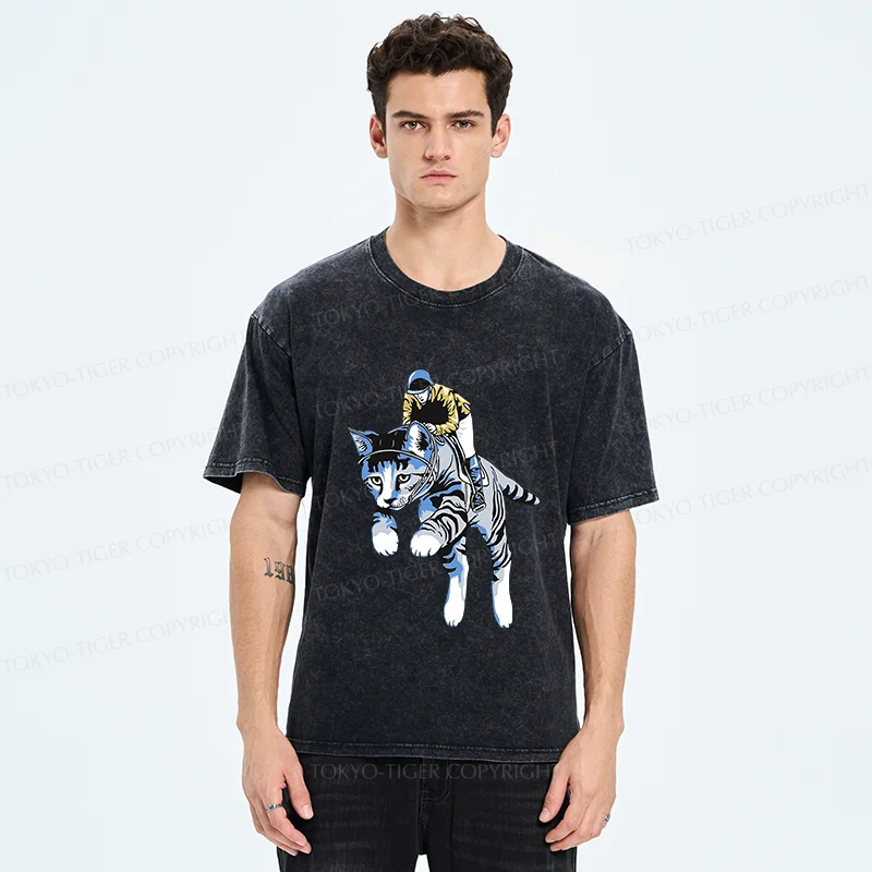 Tokyo-Tiger Cat Riding Skill Washed T-Shirt