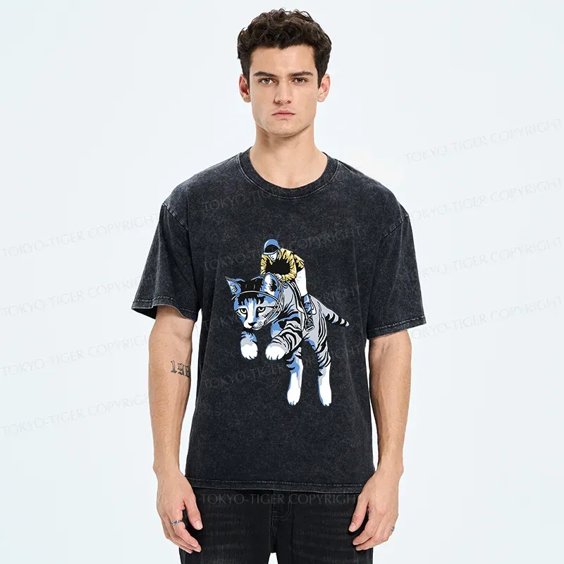 Tokyo-Tiger Cat Riding Skill Washed T-Shirt