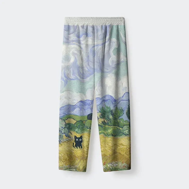 Tokyo-Tiger Black Cat In The Wheat Field Flannel Pajama Set