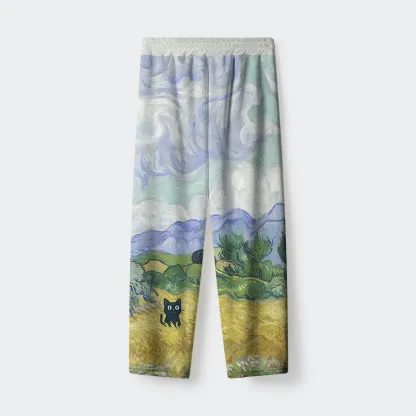 Tokyo-Tiger Black Cat In The Wheat Field Flannel Pajama Set