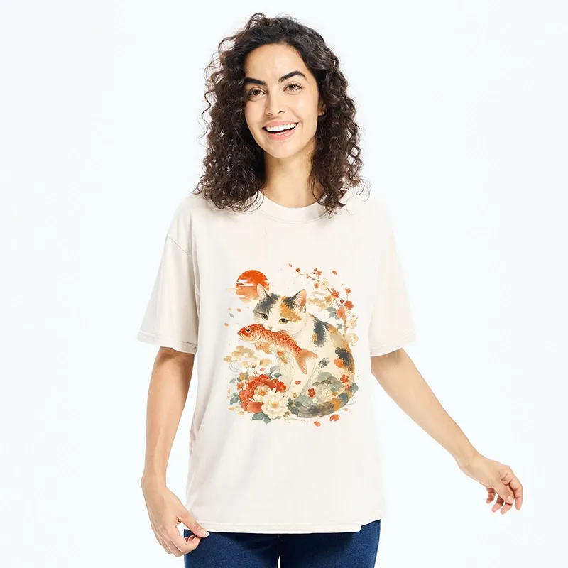 Tokyo-Tiger Traditional Japanese Cat Koi Bloom Art Washed T-Shirt