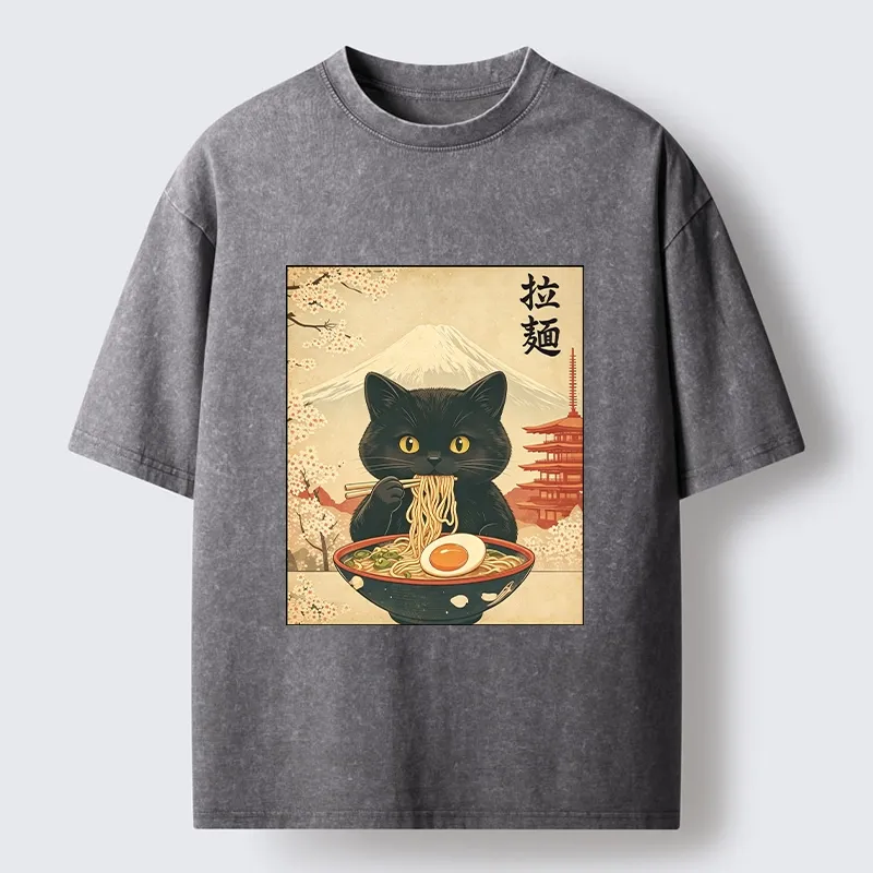 Tokyo‑Tiger Black Cute Cat Ramen Feast Washed T‑Shirt