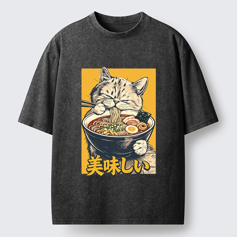 Tokyo‑Tiger Cat Eat Ramen Washed T‑Shirt