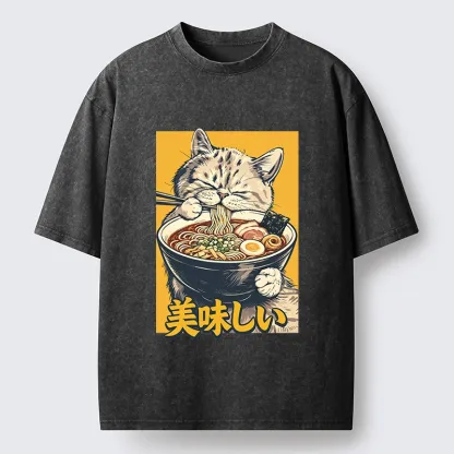 Tokyo‑Tiger Cat Eat Ramen Washed T‑Shirt