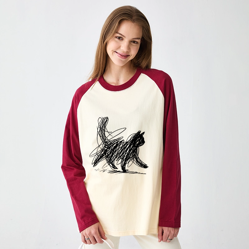 Tokyo-Tiger Minimalist Cat Art Raglan Long Sleeve T-shirt