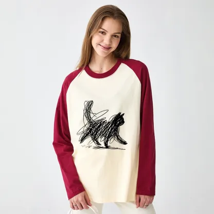 Tokyo-Tiger Minimalist Cat Art Raglan Long Sleeve T-shirt