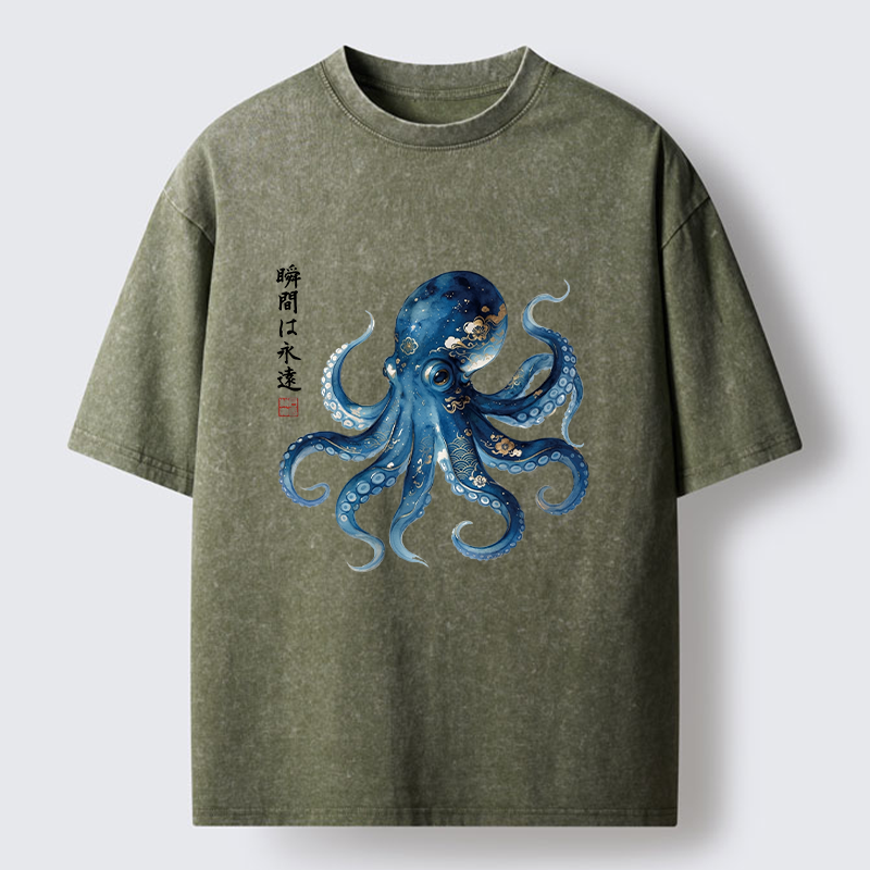 Tokyo-Tiger Japanese Ink Blue Octopus Art Washed T-Shirt