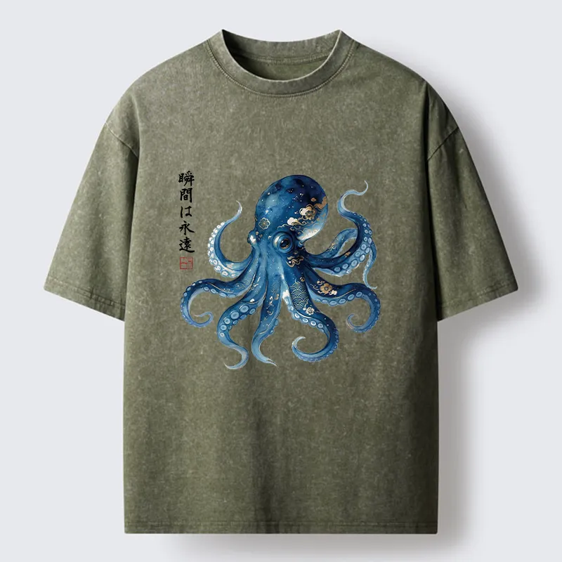 Tokyo‑Tiger Japanese Ink Blue Octopus Art Washed T‑Shirt Sale