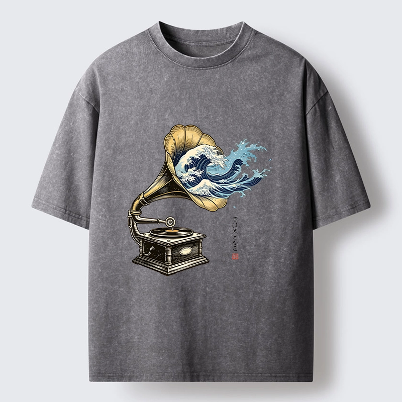 Tokyo‑Tiger Funny Wave Gramophone Washed T‑Shirt