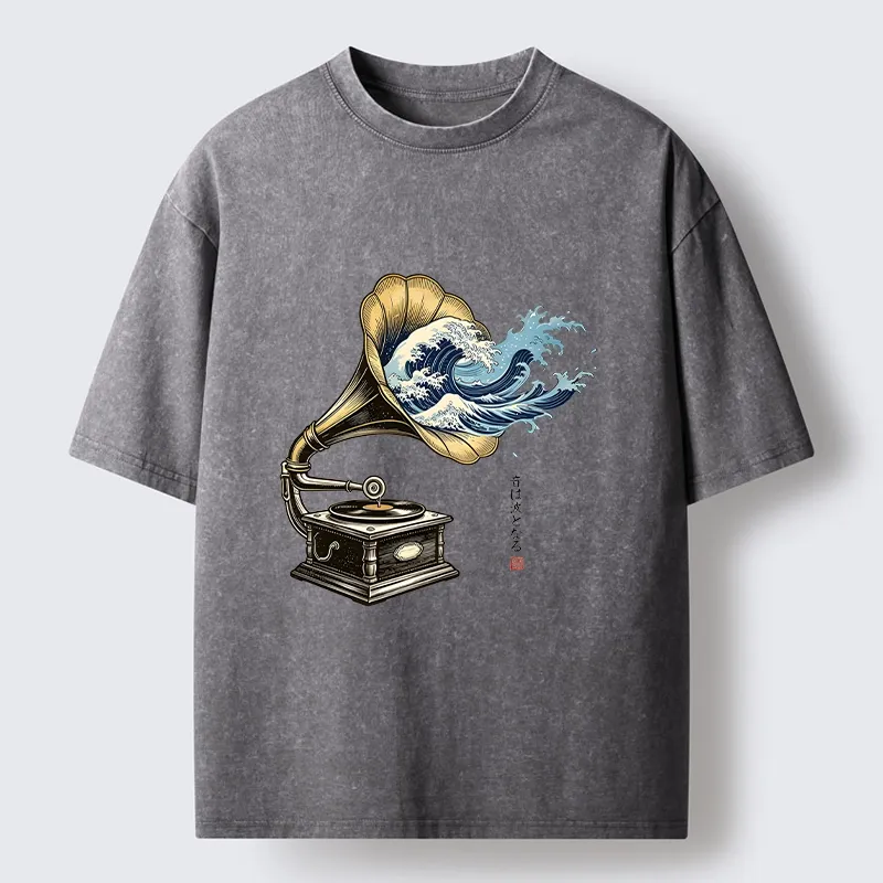 Tokyo‑Tiger Funny Wave Gramophone Washed T‑Shirt
