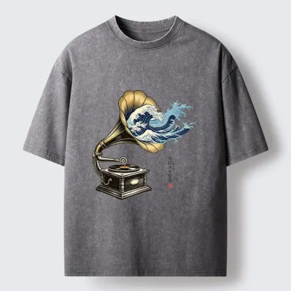 Tokyo‑Tiger Funny Wave Gramophone Washed T‑Shirt