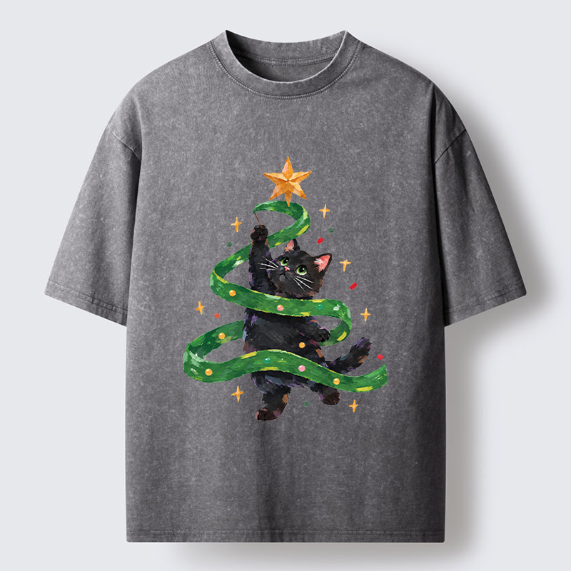 Tokyo-Tiger Black Cat Christmas Tree Ribbon Washed T-Shirt