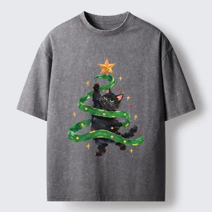Tokyo-Tiger Black Cat Christmas Tree Ribbon Washed T-Shirt