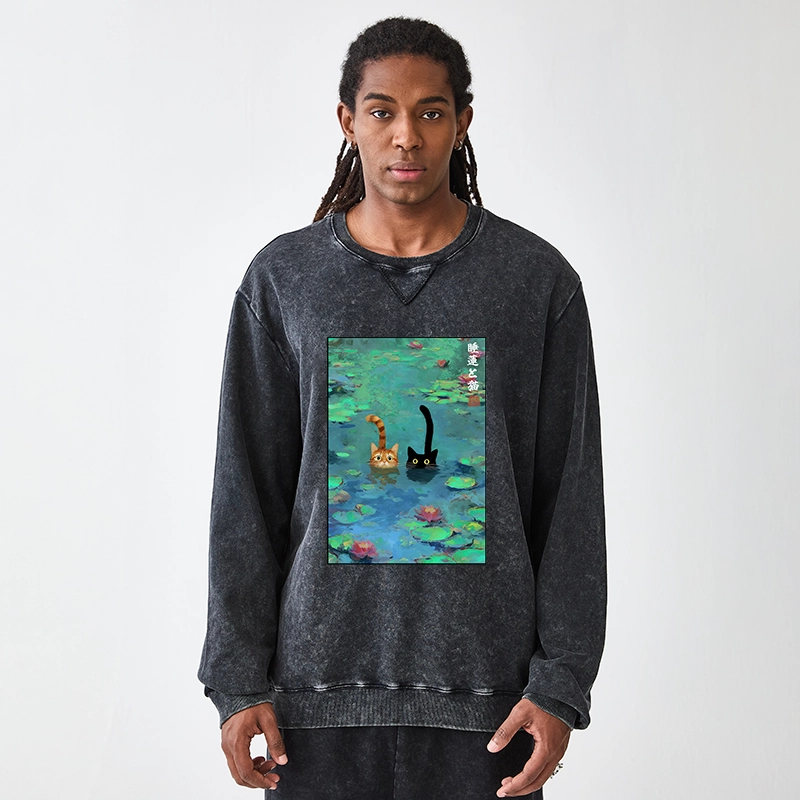 Tokyo-Tiger Funny Cats Swimming In Lilies Washed Terry Sweatshirt