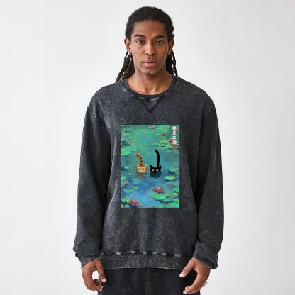 Tokyo-Tiger Funny Cats Swimming In Lilies Washed Terry Sweatshirt