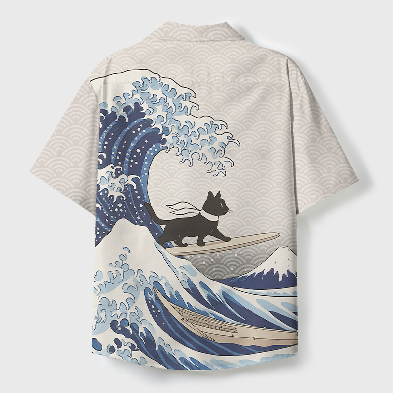 Tokyo-Tiger Black Cat Surfing Cuban Collar Shirt