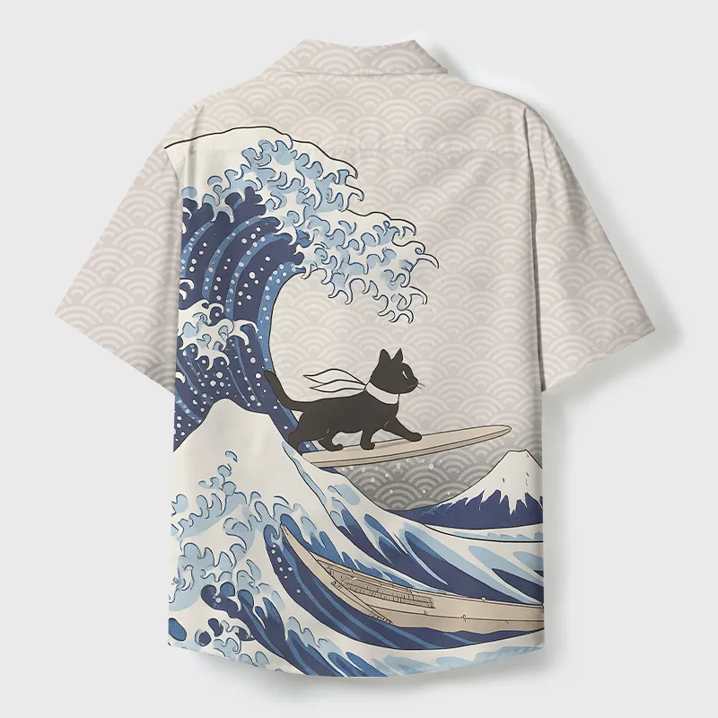 Tokyo-Tiger Black Cat Surfing Cuban Collar Shirt