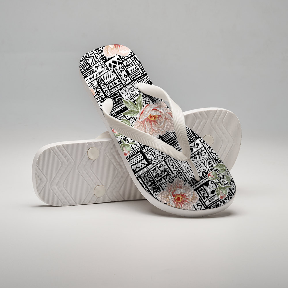 Tokyo-Tiger Flowers In Line Art Flip Flops