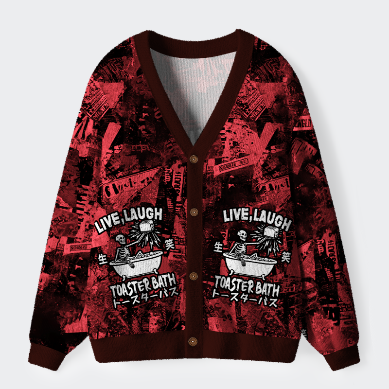 Tokyo-Tiger Live, Laugh, Toaster Bath Ugly Cardigan Sweater