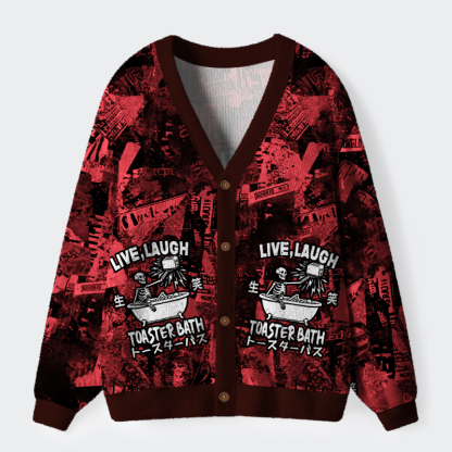 Tokyo-Tiger Live, Laugh, Toaster Bath Ugly Cardigan Sweater