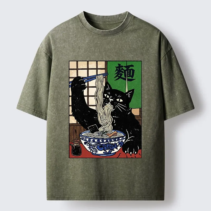 Tokyo‑Tiger Ramen Cat Vibes Washed T‑Shirt