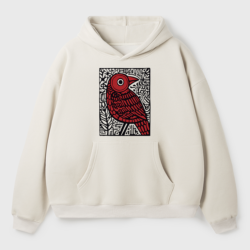 Tokyo-Tiger Retro Woodblock Bird Adult Fleece Hoodie
