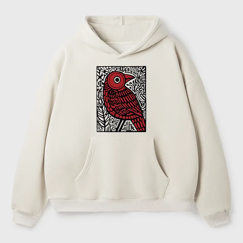 Tokyo-Tiger Retro Woodblock Bird Adult Fleece Hoodie