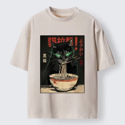Tokyo‑Tiger Black Cat Ramen Feast Washed T‑Shirt
