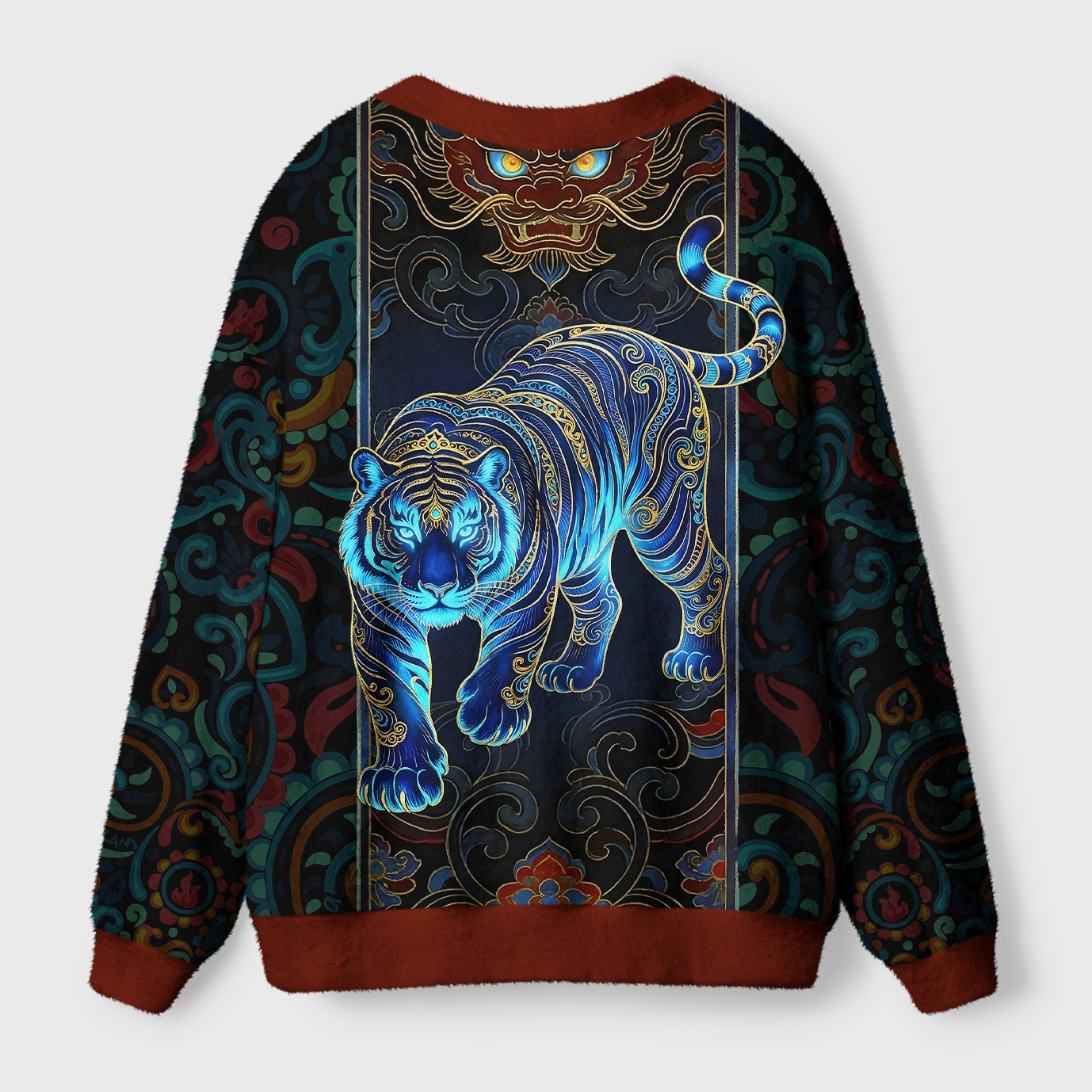 Tokyo-Tiger Vintage East Asian Art Tiger Motif Ugly Cardigan Sweater