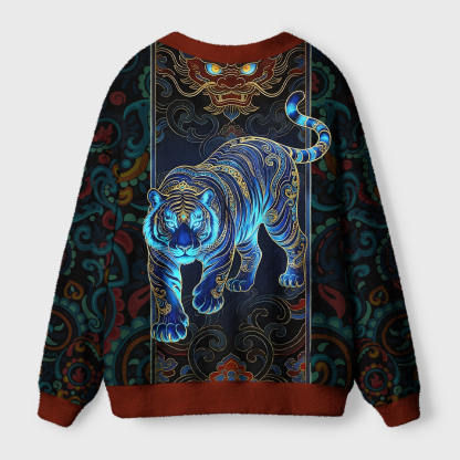 Tokyo-Tiger Vintage East Asian Art Tiger Motif Ugly Cardigan Sweater