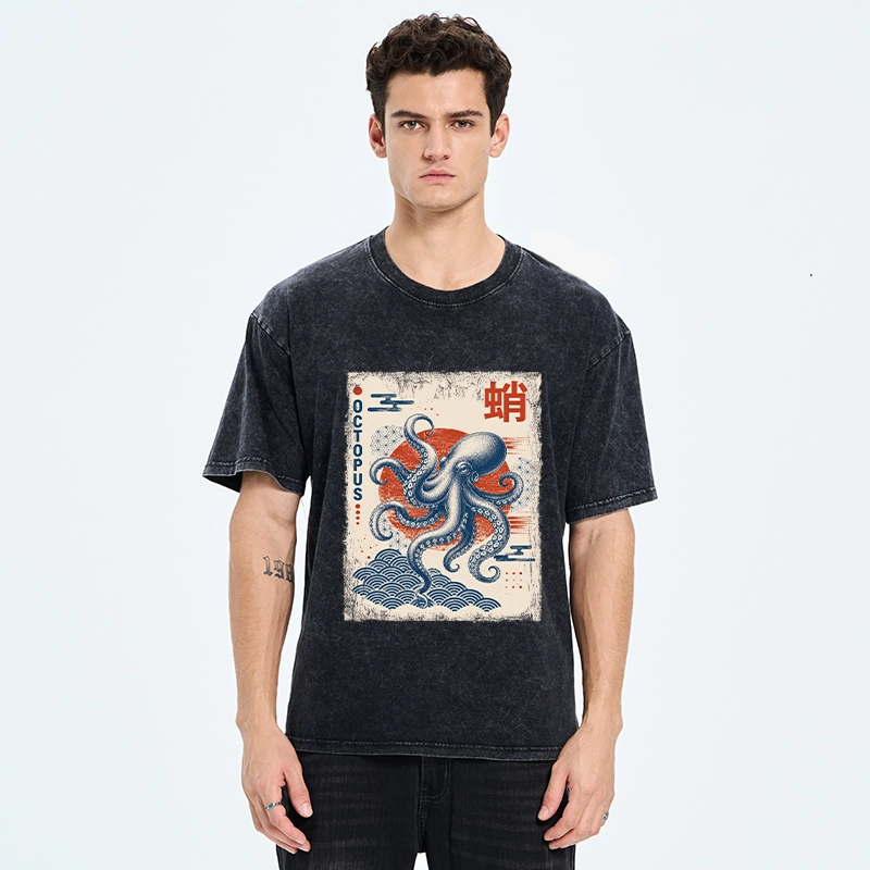 Tokyo-Tiger Vintage Japanese Octopus Wave Art Washed T-Shirt