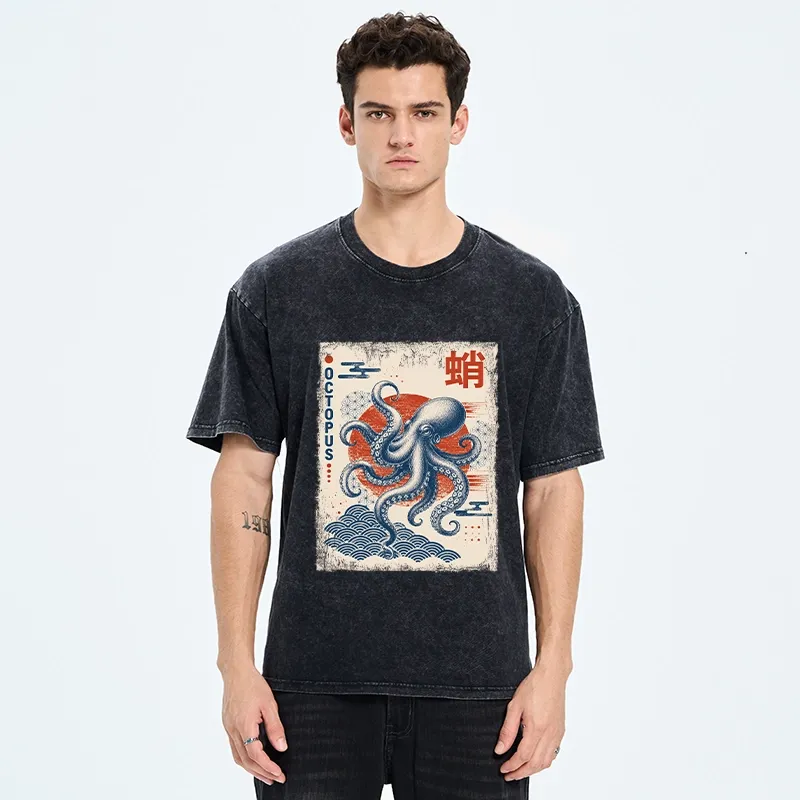 Tokyo-Tiger Vintage Japanese Octopus Wave Art Washed T-Shirt
