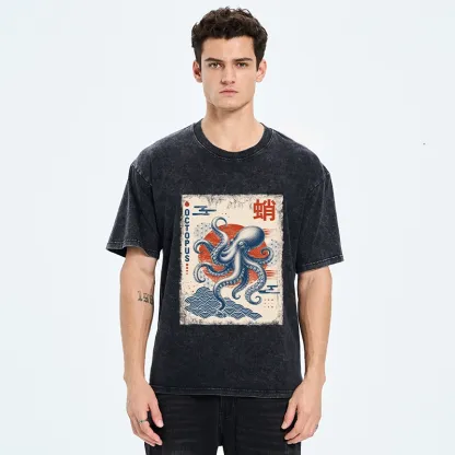 Tokyo-Tiger Vintage Japanese Octopus Wave Art Washed T-Shirt