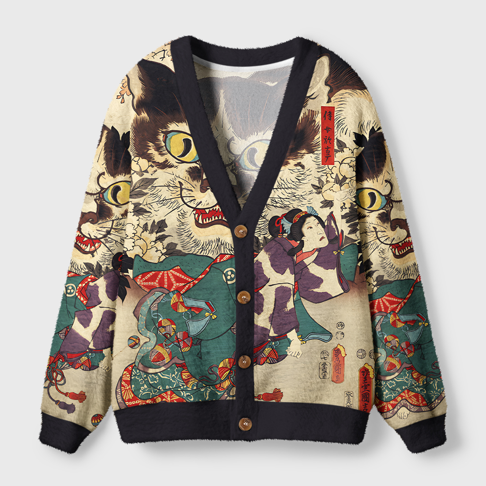 Tokyo-Tiger The Cat And The Geisha Ugly Cardigan Sweater