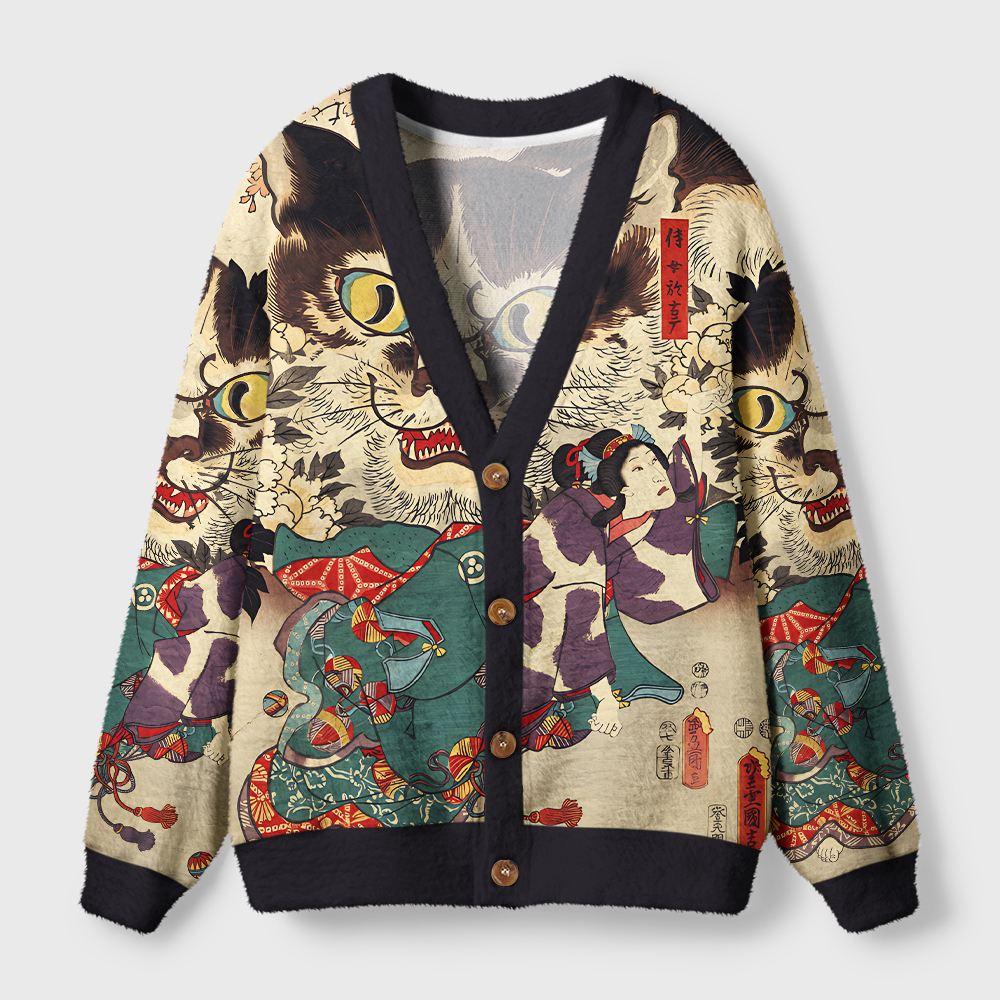 Tokyo-Tiger The Cat And The Geisha Ugly Cardigan Sweater