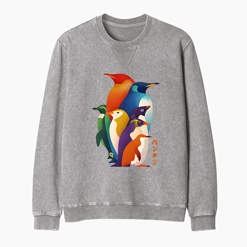 Tokyo-Tiger Cute Multi Tone Penguins Washed Terry Sweatshirt