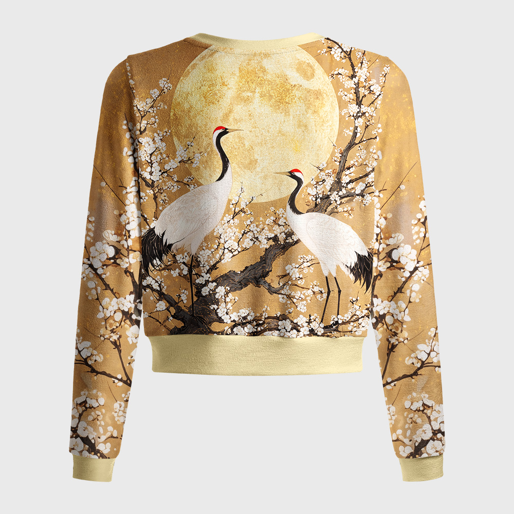 Tokyo-Tiger Plum Moon Crane Scroll Women's Lightweight Cardigan