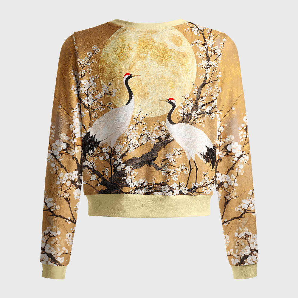Tokyo-Tiger Plum Moon Crane Scroll Women's Lightweight Cardigan