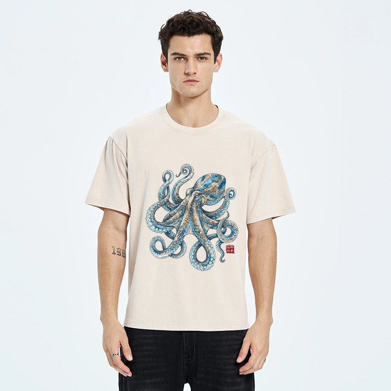 Tokyo-Tiger Ocean Octopus Art Washed T-Shirt