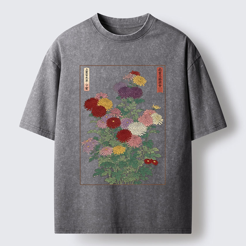 Tokyo-Tiger Traditional Bloom Print Washed T-Shirt
