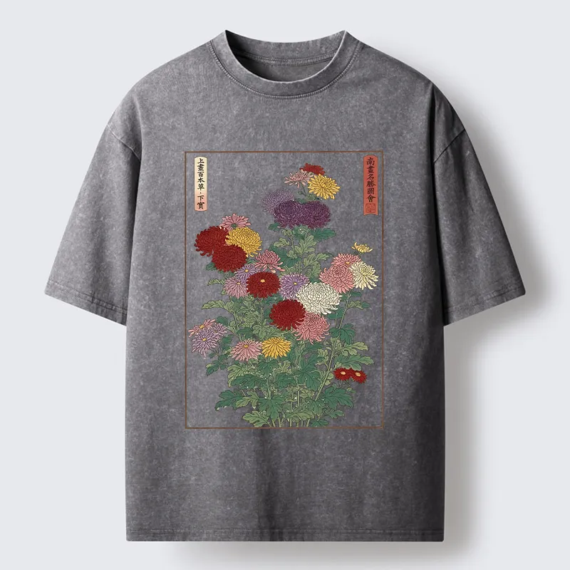 Tokyo-Tiger Traditional Bloom Print Washed T-Shirt