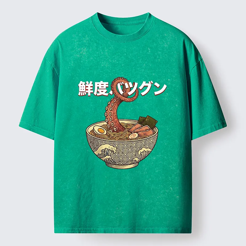 Tokyo-Tiger Octopus Ramen Meme Washed T-Shirt