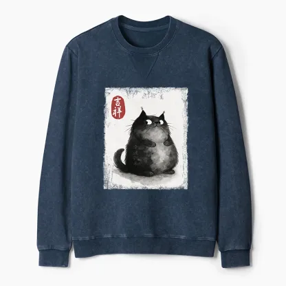 Tokyo-Tiger Auspicious Fluffy Black Cat Ink Painting Washed Terry Sweatshirt