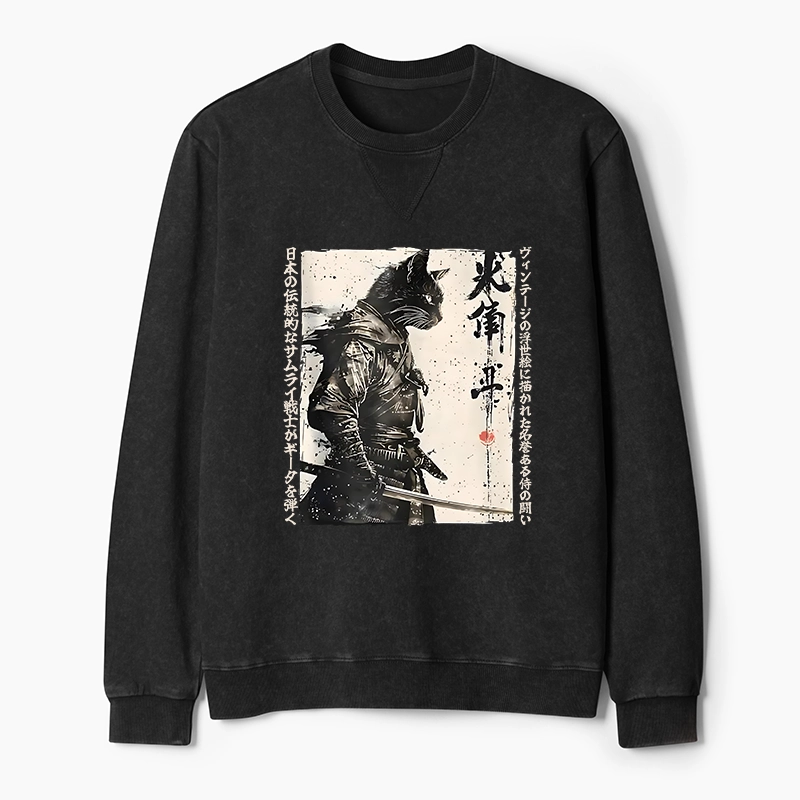 Tokyo-Tiger Cat Samurai Retro Washed Terry Sweatshirt
